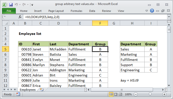 in of sheet excel name cell Excel values  formula: Exceljet Group text arbitrary